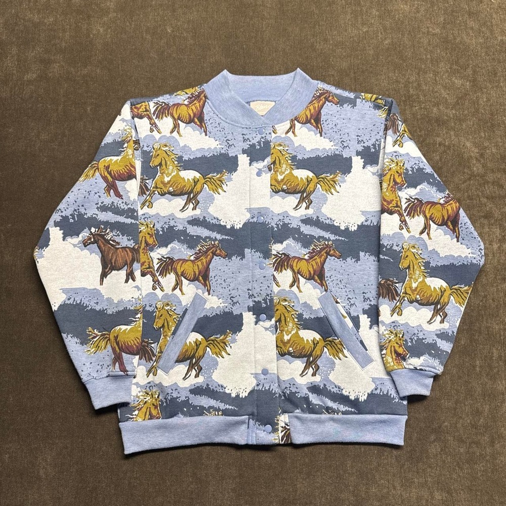 Blair Vintage Horse Print Snap Front Bomber Jacket Blue Fleece Lined Small PT